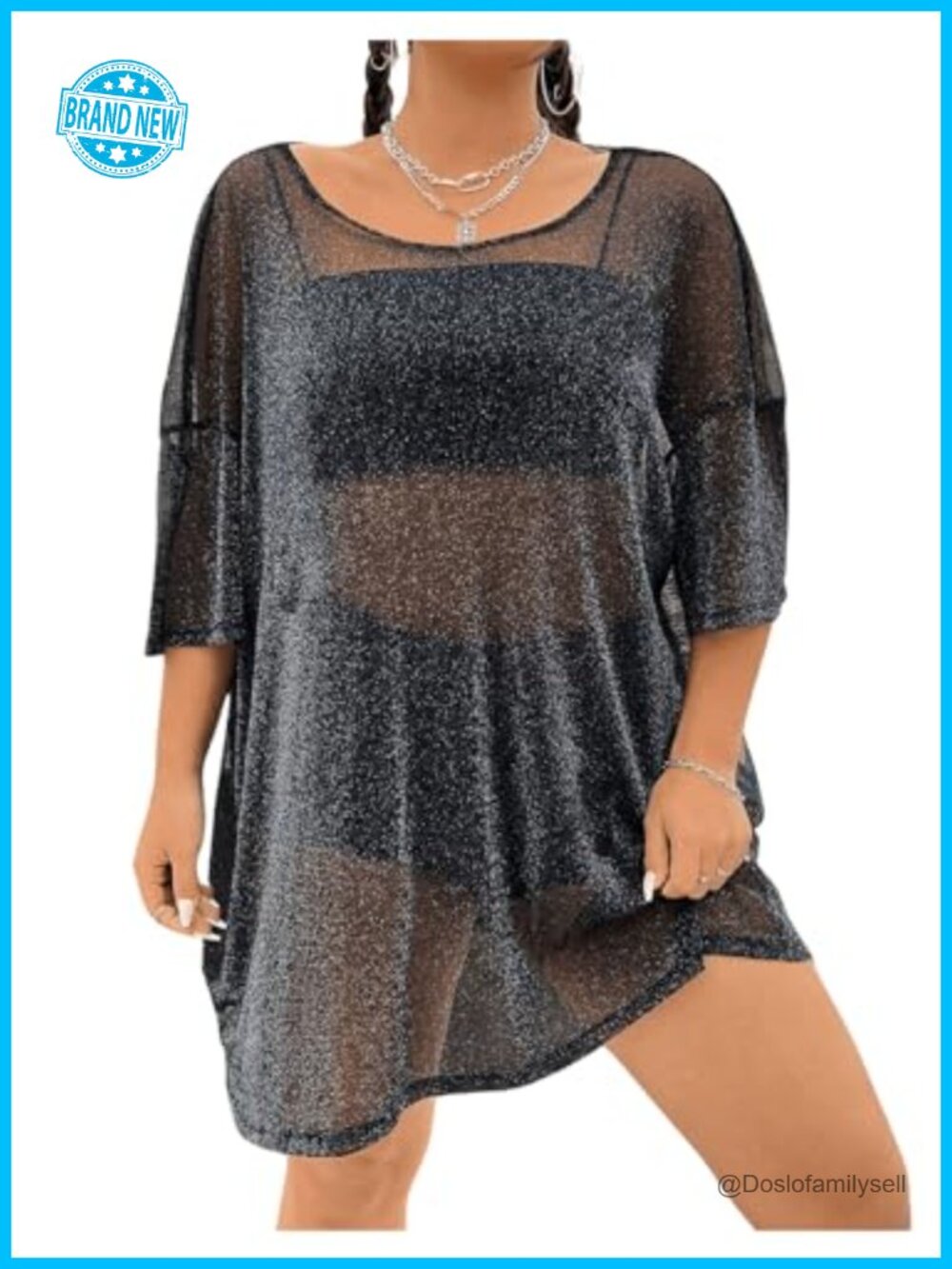 Women's Plus Size Sparkle Mesh Tee Top Loose Drop Shoulder Party Club